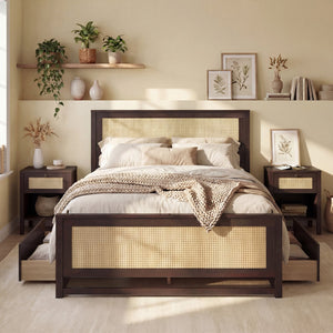 Full Size Rattan Bed Frame with Storage Drawers-Rustic Brown view 3