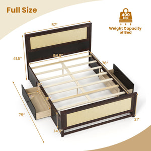 Full Size Rattan Bed Frame with Storage Drawers-Rustic Brown view 4