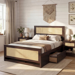 Full Size Rattan Bed Frame with Storage Drawers-Rustic Brown view 5
