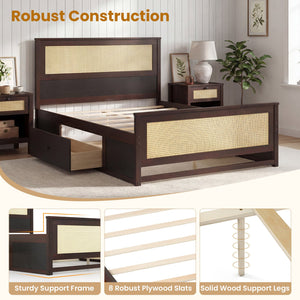 Full Size Rattan Bed Frame with Storage Drawers-Rustic Brown view 9
