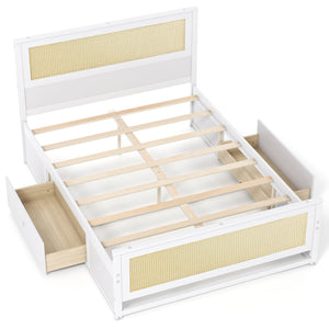 Full Size Rattan Bed Frame with Storage Drawers-White