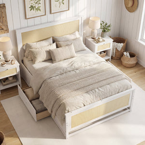 Full Size Rattan Bed Frame with Storage Drawers-White view 2