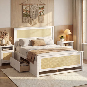 Full Size Rattan Bed Frame with Storage Drawers-White view 5