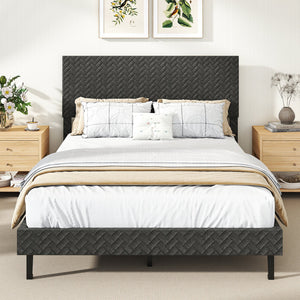 Full Size Velvet Bed Frame Upholstered Platform Bed with Chevron Headboard Gray view 3