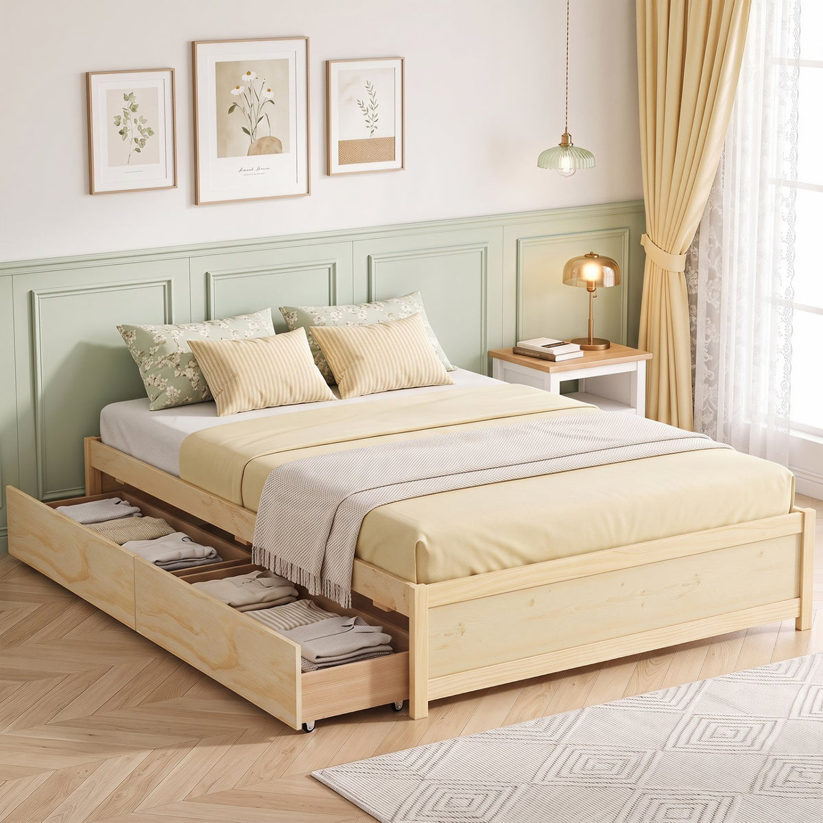 Full Size Wooden Bed Frame with 2 Rolling Storage Drawers-Natural view 2