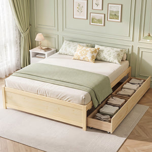 Full Size Wooden Bed Frame with 2 Rolling Storage Drawers-Natural view 3