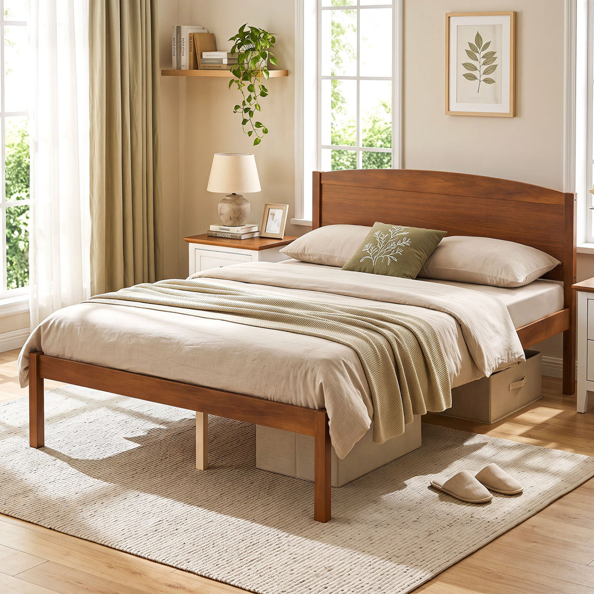 Full Size Wooden Platform Bed Frame with Curved Headboard-Walnut view 2