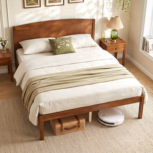 Full Size Wooden Platform Bed Frame with Curved Headboard-Walnut view 3