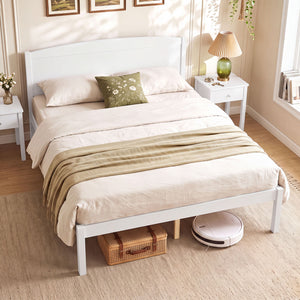Full Size Wooden Platform Bed Frame with Curved Headboard-White view 3