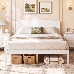 Full Size Wooden Platform Bed Frame with Curved Headboard-White view 5