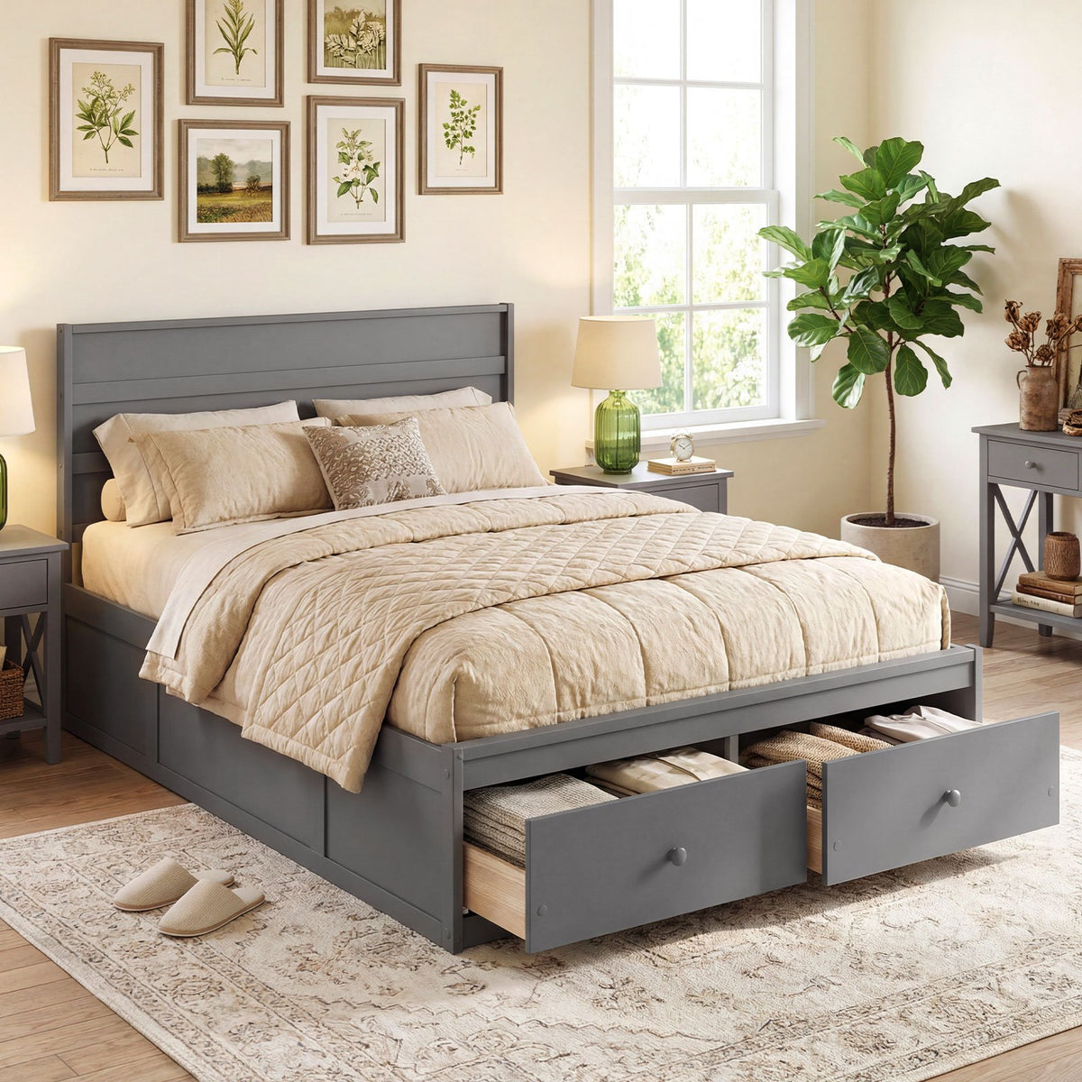 Full Size Wooden Platform Bed Frame with Storage Drawers-Gray view 2