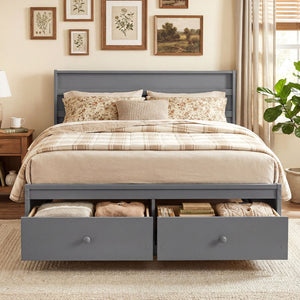 Full Size Wooden Platform Bed Frame with Storage Drawers-Gray view 9