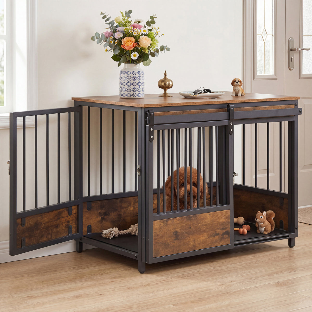 Furniture Style Dog Crate with 2 Doors and Safety Latch and Dog Mat-Rustic Brown view 2