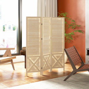 4.7' 3 Panel Wooden Room Divider with Pegboard Display, Folding Privacy Screen for Home Office, Natural – view 7