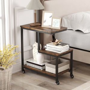 G-shaped Side Table 3-Tier Mobile End Table with Open Shelves-Rustic Brown view 2