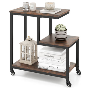 G-shaped Side Table 3-Tier Mobile End Table with Open Shelves-Rustic Brown view 4