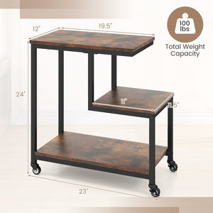 G-shaped Side Table 3-Tier Mobile End Table with Open Shelves-Rustic Brown view 5