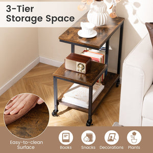G-shaped Side Table 3-Tier Mobile End Table with Open Shelves-Rustic Brown view 7