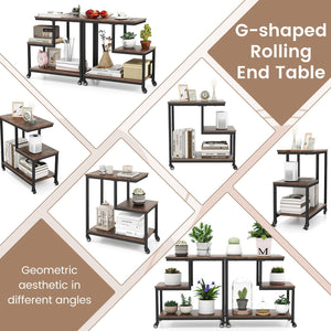 G-shaped Side Table 3-Tier Mobile End Table with Open Shelves-Rustic Brown view 8