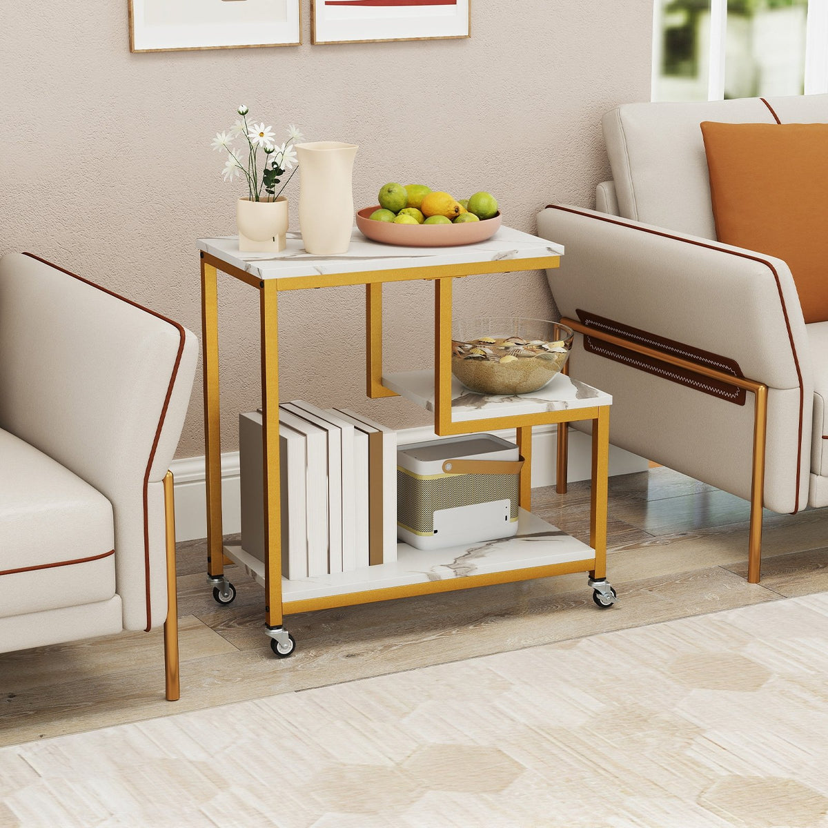 G-shaped Side Table 3-Tier Mobile End Table with Open Shelves-White view 2