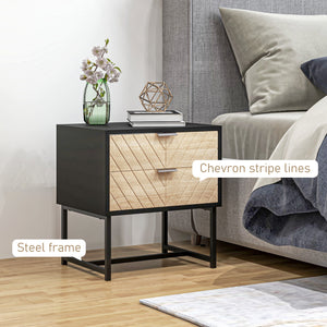 Modern Bedside Table with 2 Drawers and Steel Frame, Sofa Side Table for Bedroom Living Room, White and Oak
