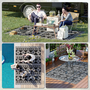 Reversible Outdoor RV Rug, Patio Floor Mat, 6' x 9' Plastic Straw Rug for Backyard, Deck, Beach, Camping, Black & Grey