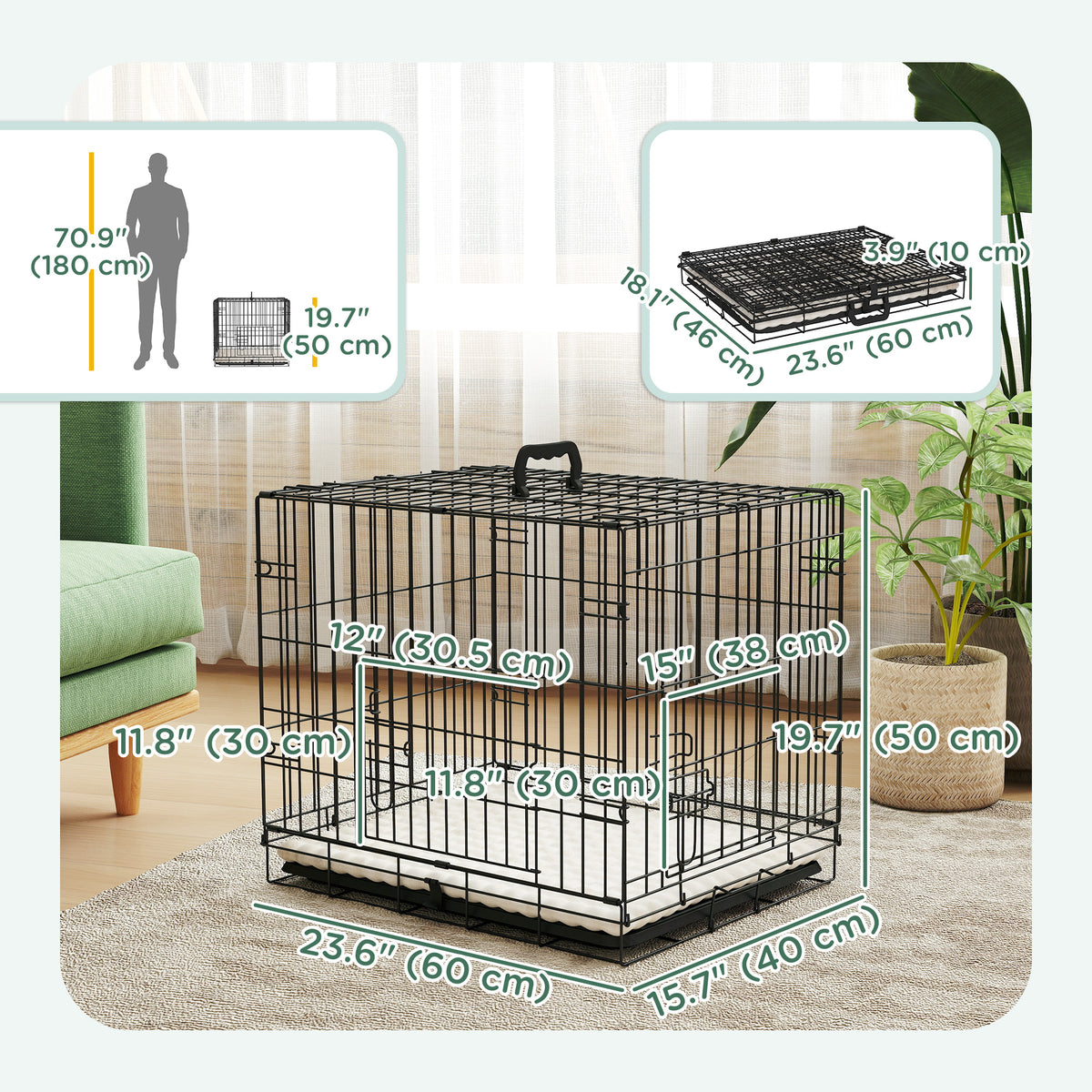 24" Dog Crate with 2 Doors, Folding Metal Dog Cage with Soft Cushion, Removable Tray – view 2