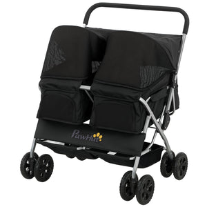 Double Pet Stroller, Foldable Dog Stroller with 2-Seater Carrier, Sunshade, Removable Pad, Safety Belt, Storage Basket