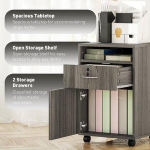 24" Filing Cabinet with Open Compartment, Lockable Drawer and Wheels, Home Office Storage Cabinet, Distressed Grey
