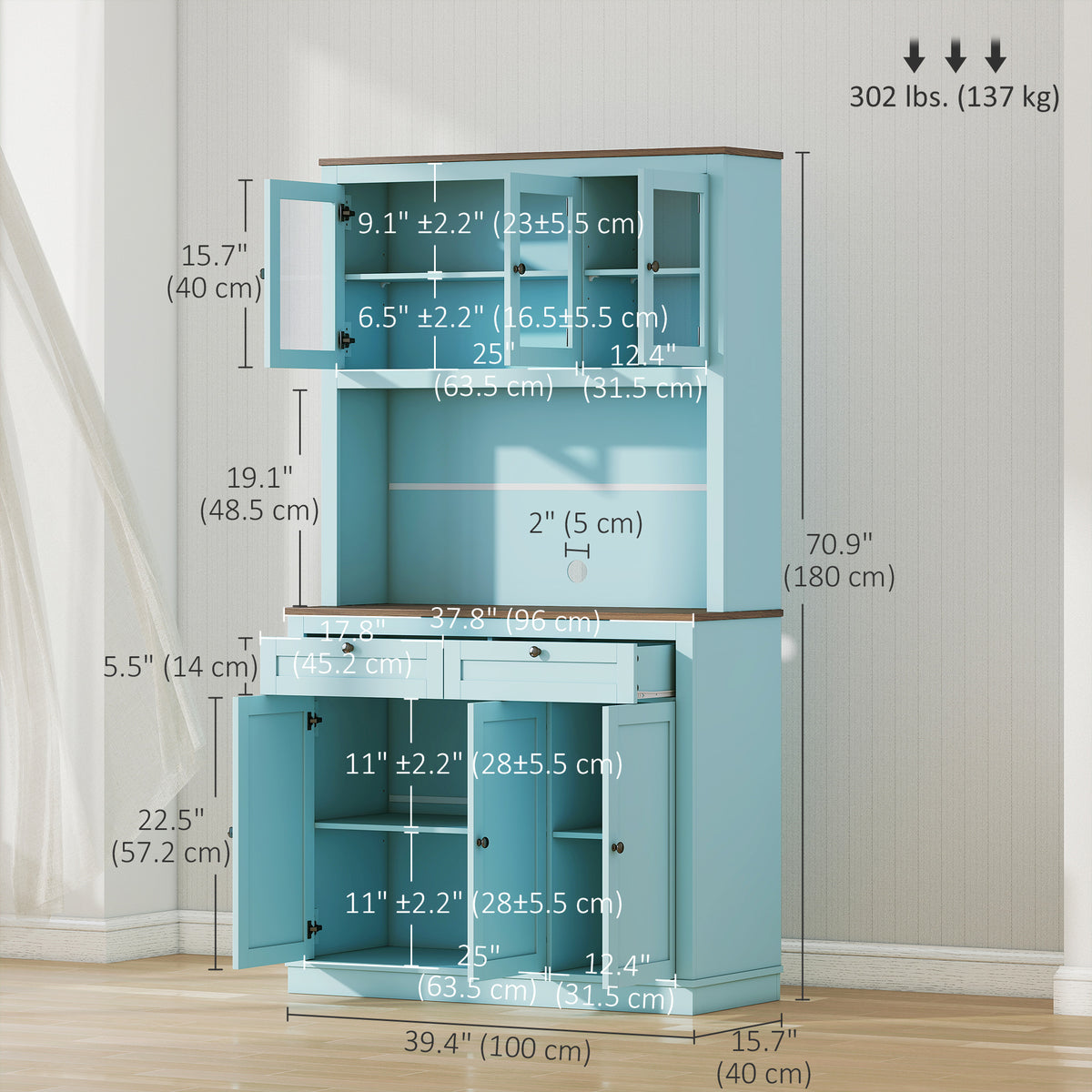 71" Pantry Cabinet with Microwave Space, Buffet with Hutch, 2 Drawers, Adjustable Shelves and Glass Doors – view 2