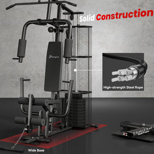 Soozier Home Gym, Multifunction Gym Equipment Workout Station with 100Lbs Weight Stack for Lat Pulldown, Leg Extensions, Preacher Bicep Curls, Triceps Pulldowns, Chest Press, Black