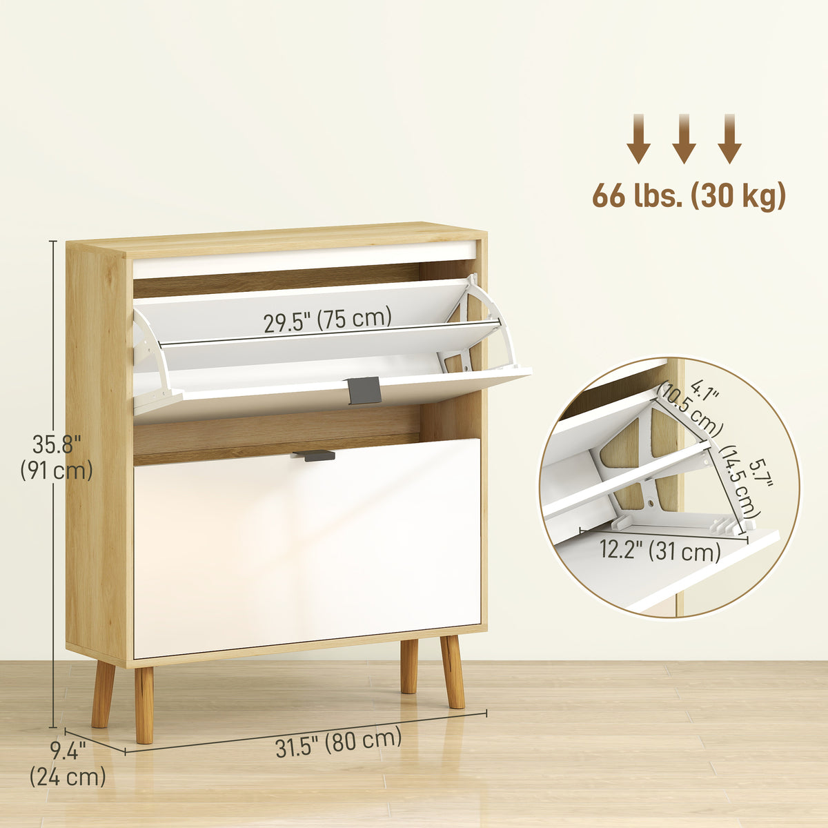 Narrow Shoe Cabinet, High Gloss Shoe Storage Cabinet with 2 Flip Drawers and Adjustable Shelves – view 2