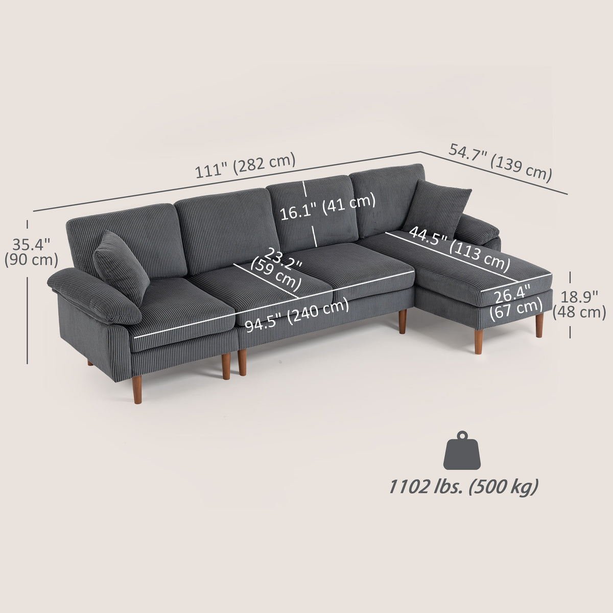 L-Shape Sofa, Modern Sectional Couch with Changeable Chaise Lounge, Pillows and Wooden Legs for Living Room, Dark Grey