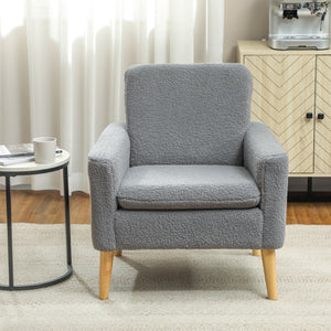 Fabric Accent Chair, Modern Upholstered Armchair with Wood Legs and Wide Padded Seat, Grey