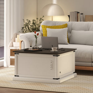 Lift Top Coffee Table with Charging Station, Square Farmhouse Center Table with Hidden Storage, Black Wood Grain