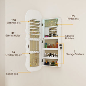 Jewelry Armoire Cabinet with Lights, Wall Mounted or Door Hanging Mirror Jewelry Cabinet with Full Length Mirror, White