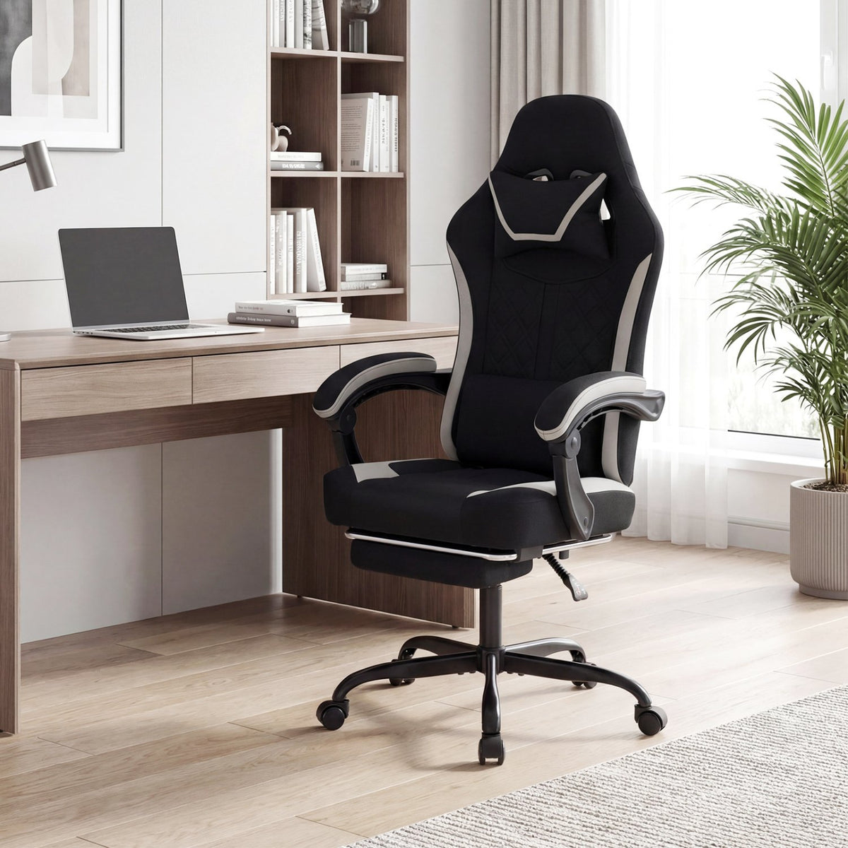 Gaming Chair Height Adjustable Computer Chair with Headrest Footrest & 360° Swivel Seat-Black view 2