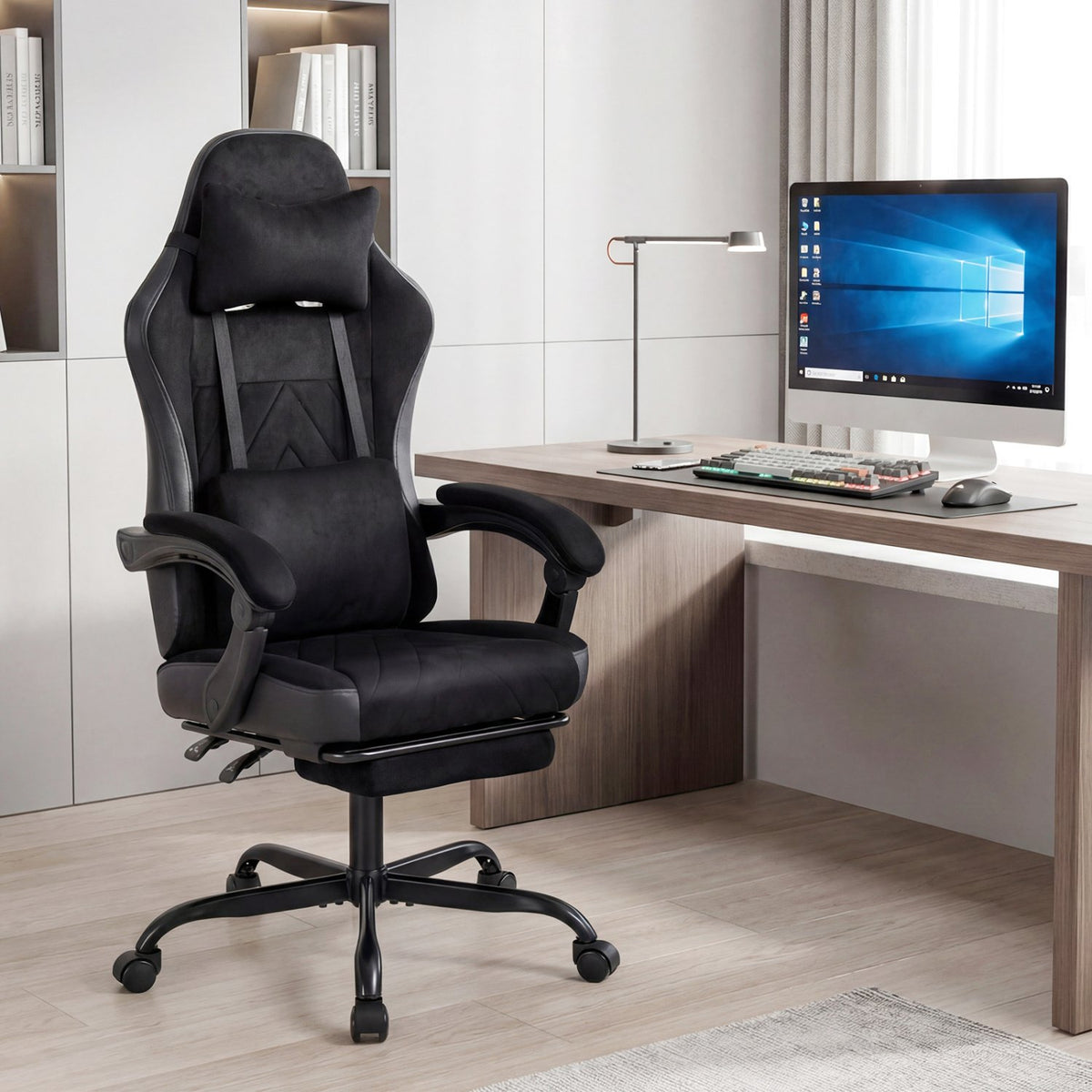 Gaming Chair Height Adjustable Computer Chair with Headrest Lumbar Support Linkage Armrests-Black view 2