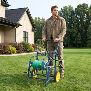 Garden Hose Reel Cart with 2 Wheels and Storage Basket-Blue view 2