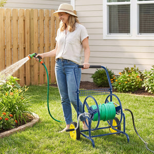 Garden Hose Reel Cart with 2 Wheels and Storage Basket-Blue view 3