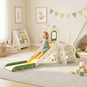 Qaba Foldable 5 in 1 Toddler Slide with Ladder, Climbing Wall, Basketball Hoop, Storage and Basketball for 1-3 Years, Cream