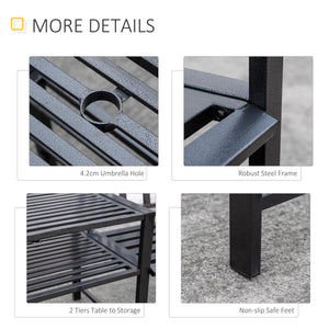 Steel Garden Bench w/ Middle Table, Umbrella Hole, Double Seat for Outdoor, Patio, Backyard Weather-Resistant Frame, Black