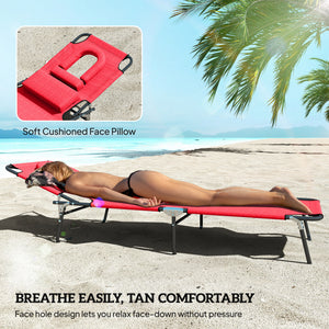 Folding Chaise Lounge Chair, Reclining Beach Tanning Chair with Face Hole, Pillow – view 14