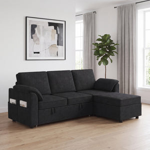 Sectional Sofa Bed Reversible Pull Out Sleeper Sofa Storage Ottoman, Black