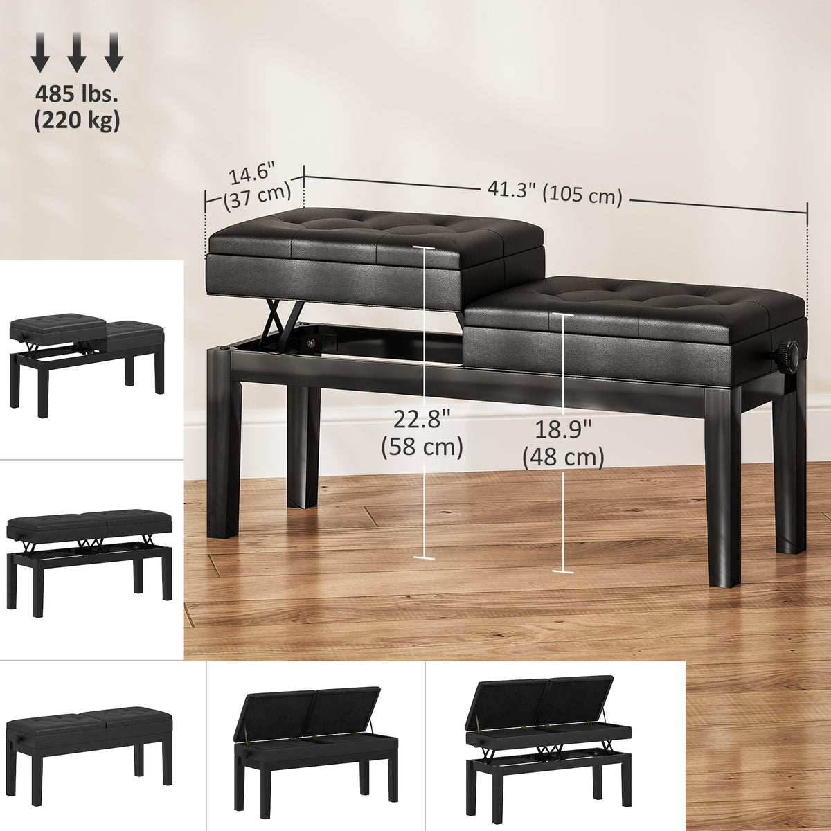 Piano Bench with Storage, Height Adjustable Piano Stool, PU Leather Tufted Keyboard Seat, Black