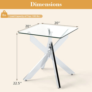 Glass Side Table Square End Table with Tempered Glass Top and Metal X Base-Silver view 5