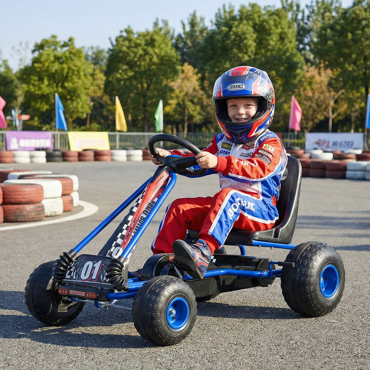 Go Kart for Kids 4 Wheels Pedal with Adjustable Seat and Multi-Terrain Wheels-Blue view 2
