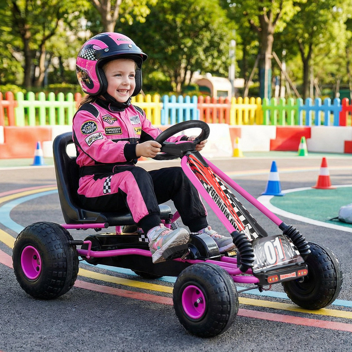 Go Kart for Kids 4 Wheels Pedal with Adjustable Seat and Multi-Terrain Wheels-Pink view 2