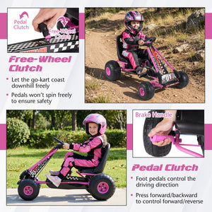 Go Kart for Kids 4 Wheels Pedal with Adjustable Seat and Multi-Terrain Wheels-Pink view 7