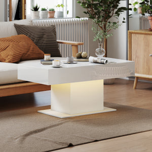 Extendable Coffee Table with LED Lights, Modern High Gloss Center Table with Hidden Storage for Living Room, White